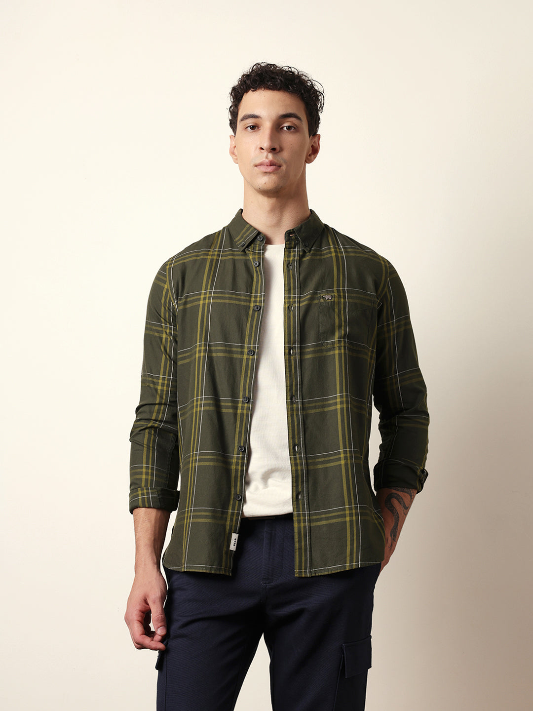 Olive Woven Tartan Checked Slim Fit Casual Shirt