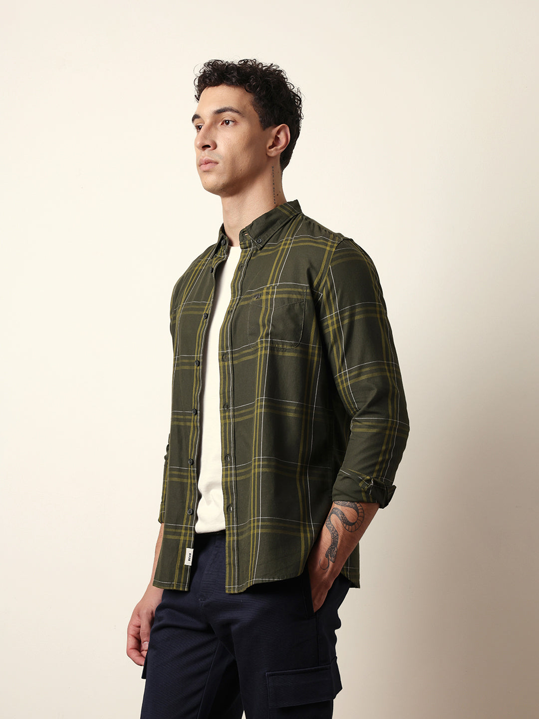 Olive Woven Tartan Checked Slim Fit Casual Shirt