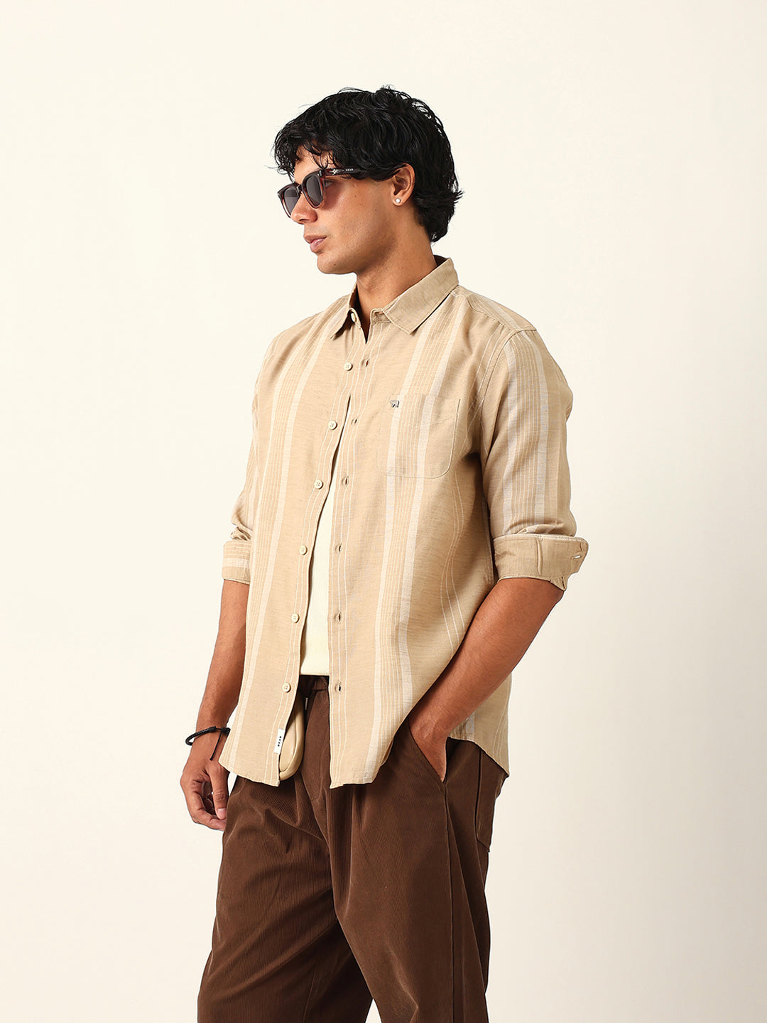 Beige Woven Vertical Striped Slim Fit Casual Shirt