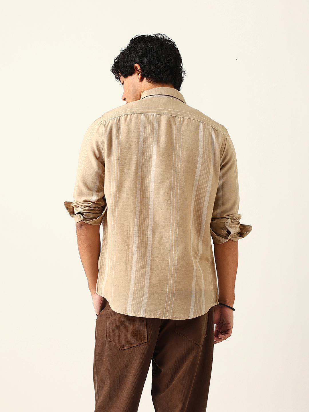 Beige Woven Vertical Striped Slim Fit Casual Shirt