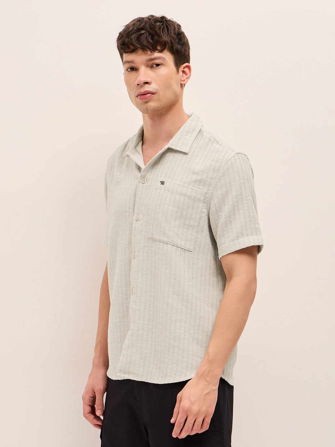 Light Grey Textured Relaxed Fit Half-Sleeve Casual Shirt