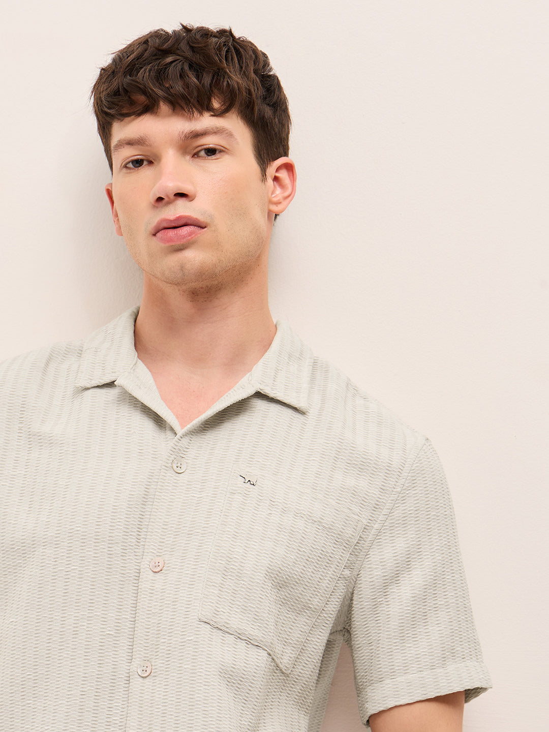 Light Grey Textured Relaxed Fit Half-Sleeve Casual Shirt