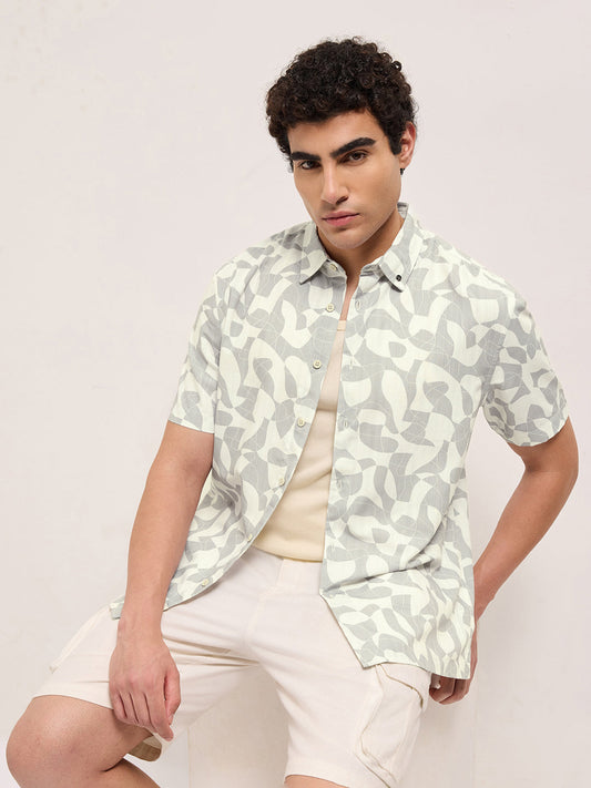 Beige Relax Fit Casual Shirt with Abstract Geometric Print
