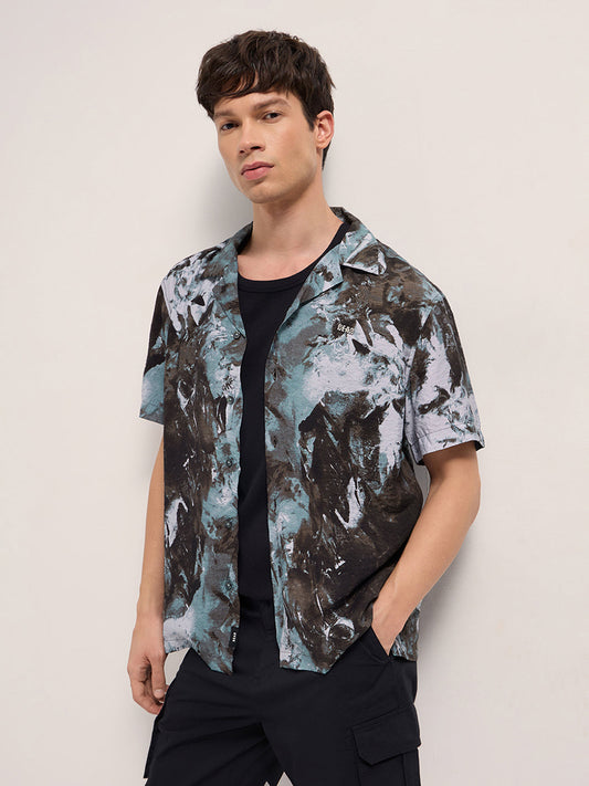 Brown Abstract Digital Print Relaxed Fit Cuban Collar Shirt