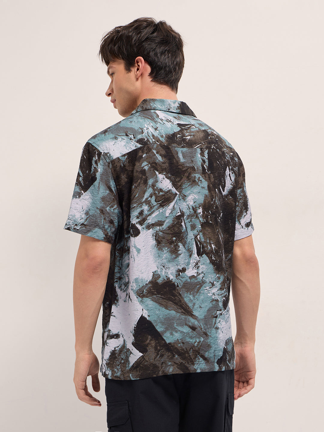 Brown Abstract Digital Print Relaxed Fit Cuban Collar Shirt