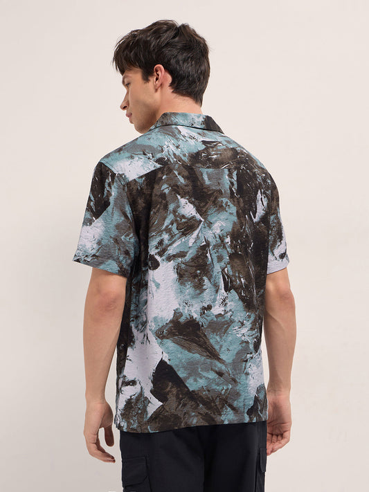 Brown Abstract Digital Print Relaxed Fit Cuban Collar Shirt