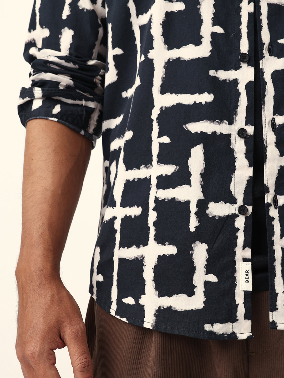 Black with Cream Brush-Stroke Grid Print Slim Fit Casual Shirt
