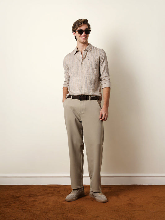 Cream Vertical Seersucker Pinstripe Slim Fit Casual Shirt