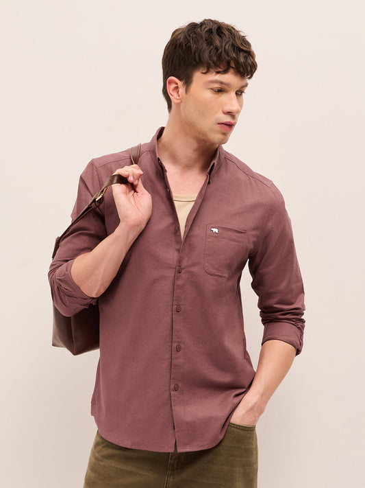 Rust Solid Cotton Slim Fit Casual Shirt with Button-Down Collar