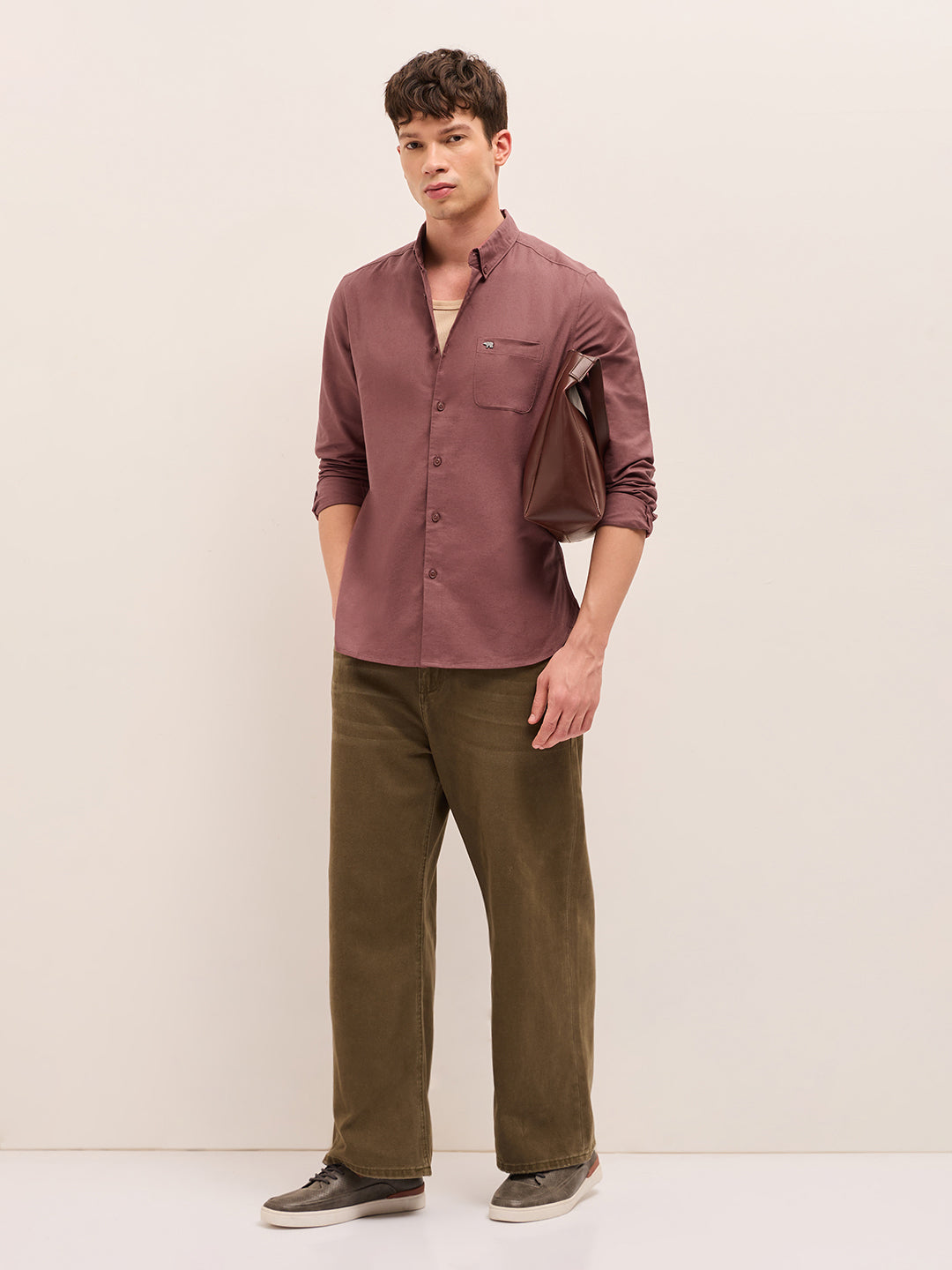 Rust Solid Cotton Slim Fit Casual Shirt with Button-Down Collar