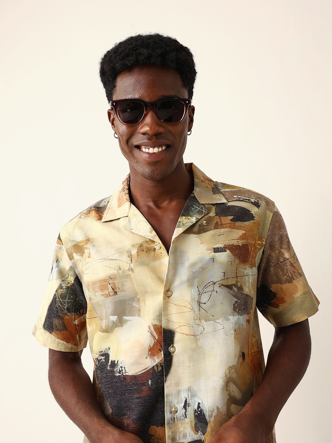 Multicolor Abstract Brushstroke Print Cuban Collar Relaxed Fit Casual Shirt