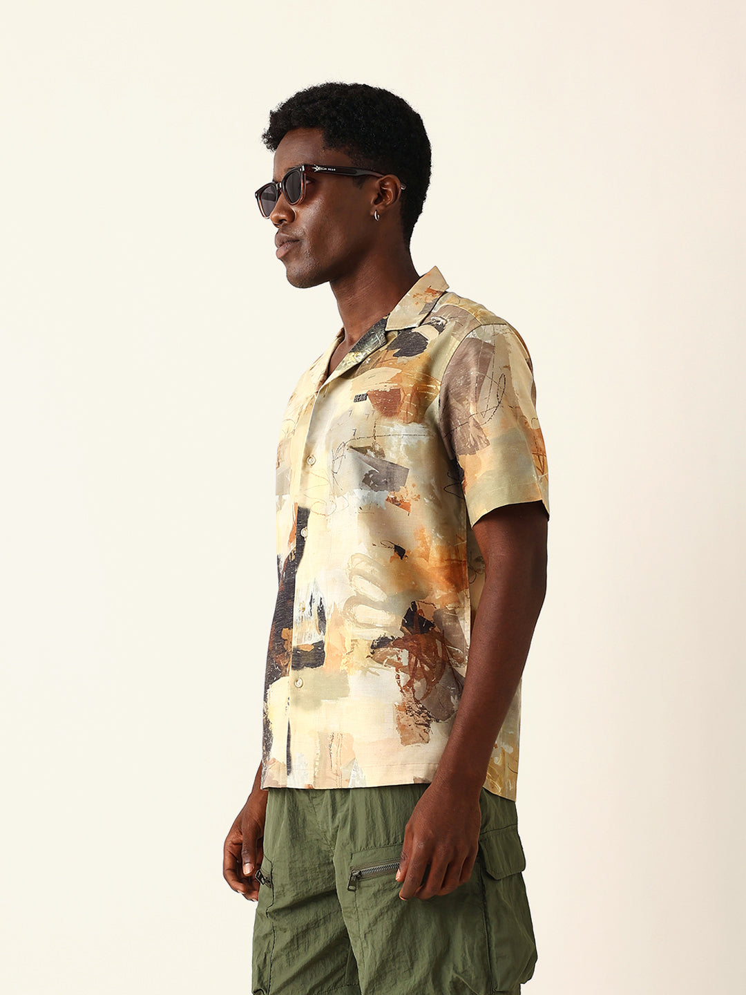 Multicolor Abstract Brushstroke Print Cuban Collar Relaxed Fit Casual Shirt