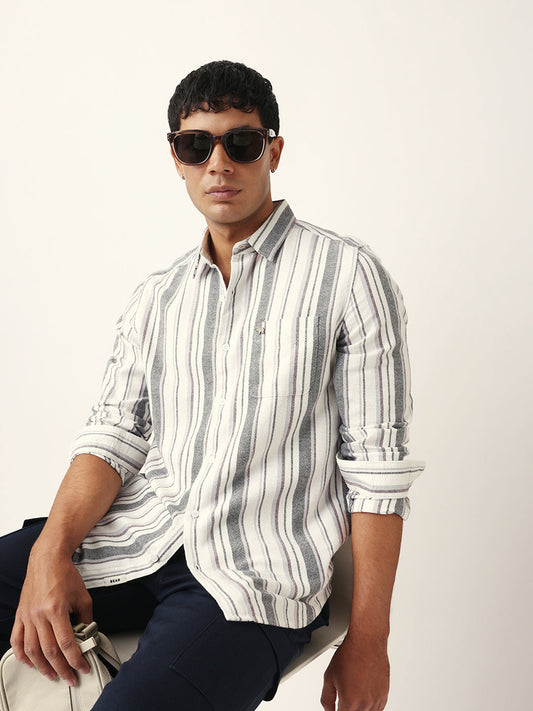 White Vertical Woven Stripe Slim Fit Casual Shirt