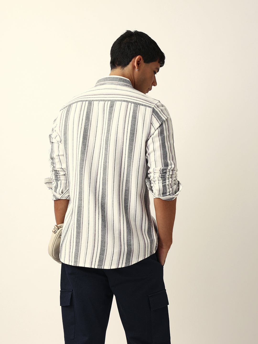 White Vertical Woven Stripe Slim Fit Casual Shirt