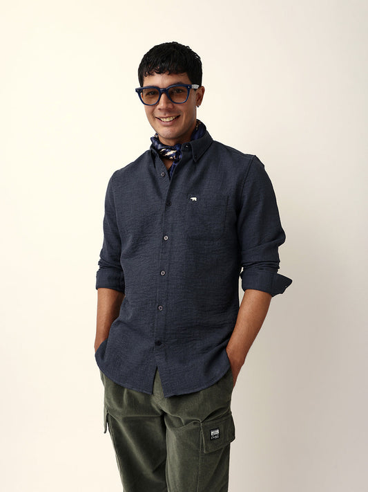 Charcoal Grey Slim Fit Casual Shirt with Woven Textured Design
