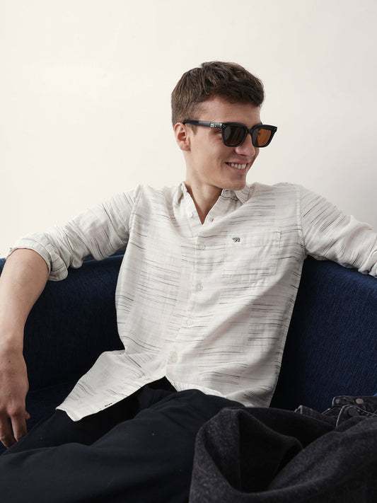 White Woven Patch Block Check Slim Fit Casual Shirt