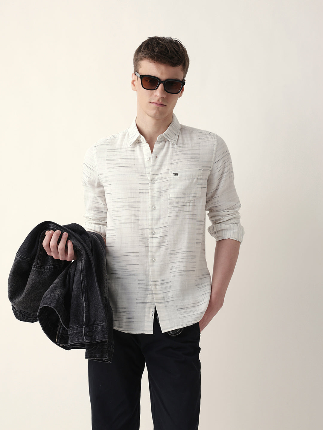White Woven Patch Block Check Slim Fit Casual Shirt