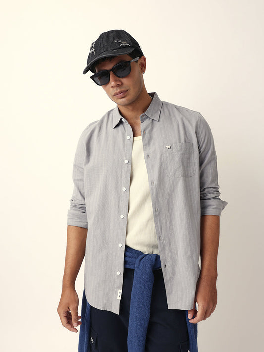 Grey Woven Vertical Pinstripes Slim Fit Casual Shirt