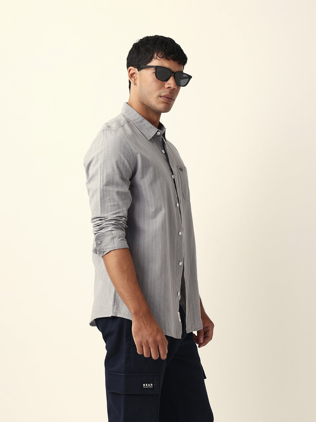 Grey Woven Vertical Pinstripes Slim Fit Casual Shirt