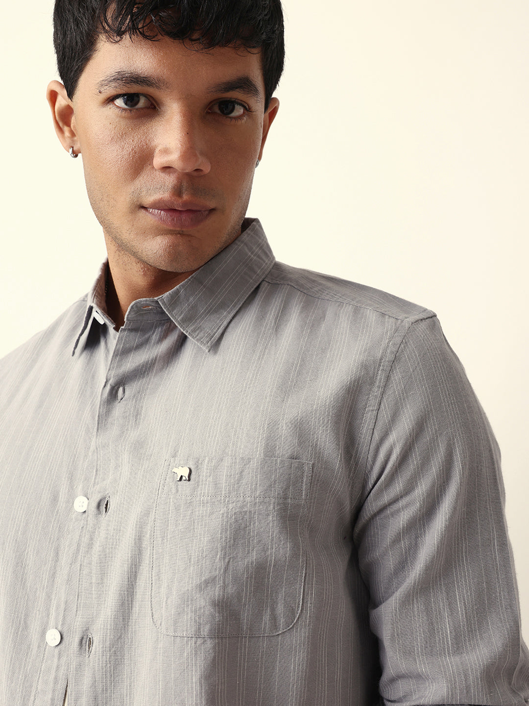Grey Woven Vertical Pinstripes Slim Fit Casual Shirt