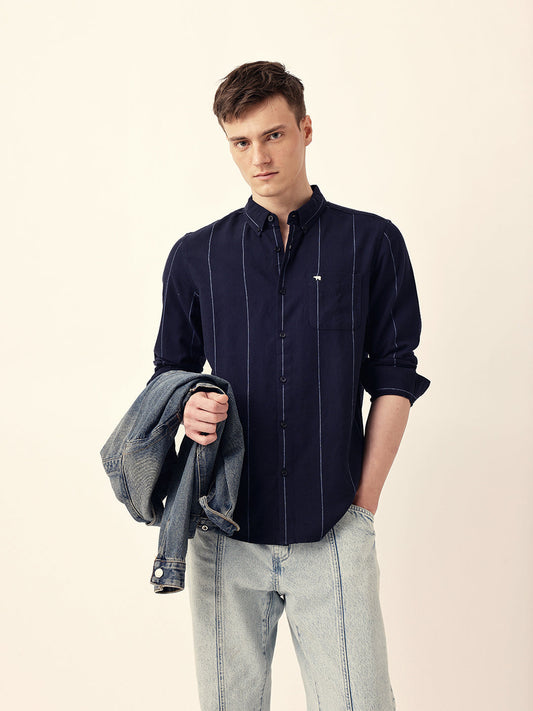 Navy Blue Woven Vertical Stripes Slim Fit Casual Shirt