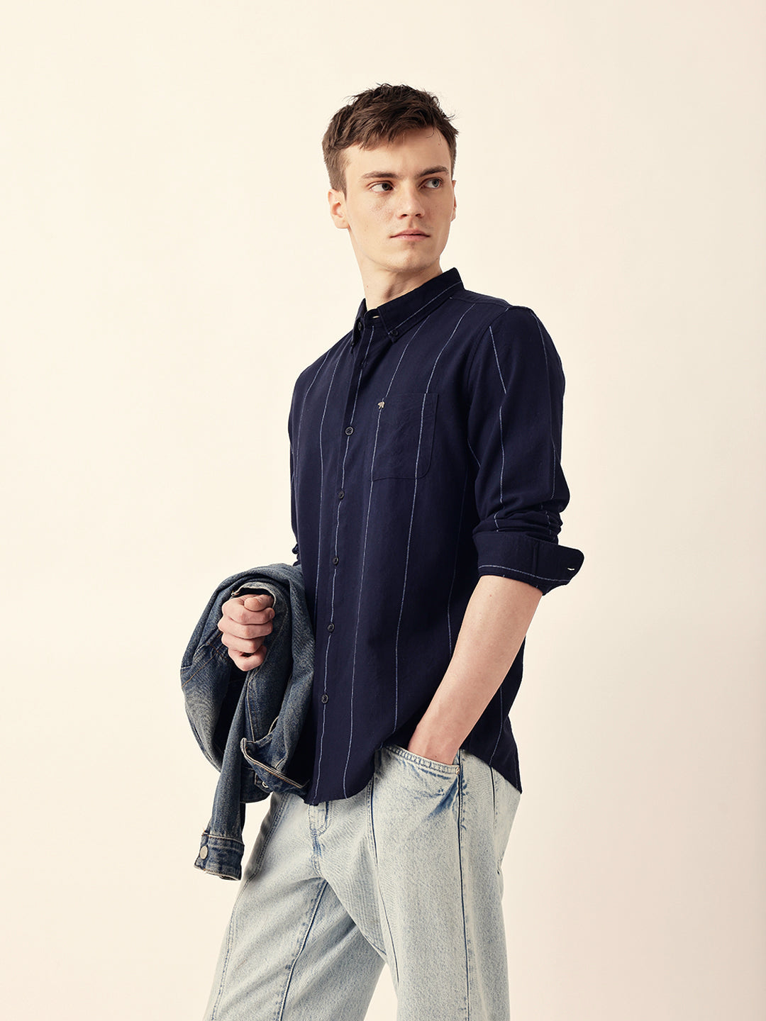 Navy Blue Woven Vertical Stripes Slim Fit Casual Shirt