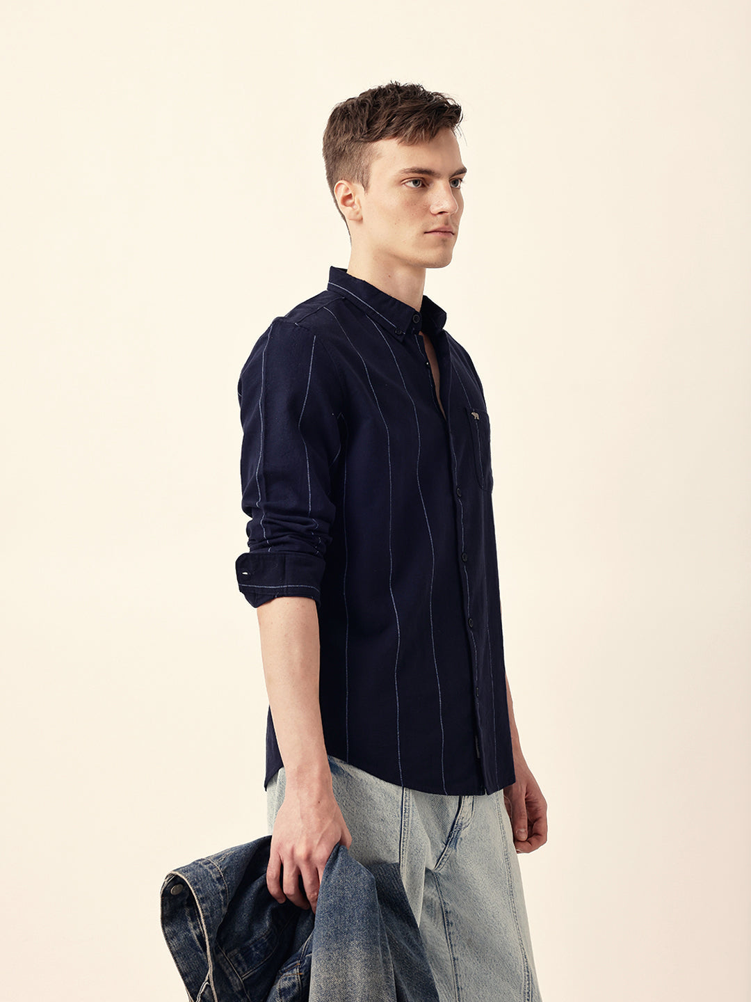 Navy Blue Woven Vertical Stripes Slim Fit Casual Shirt
