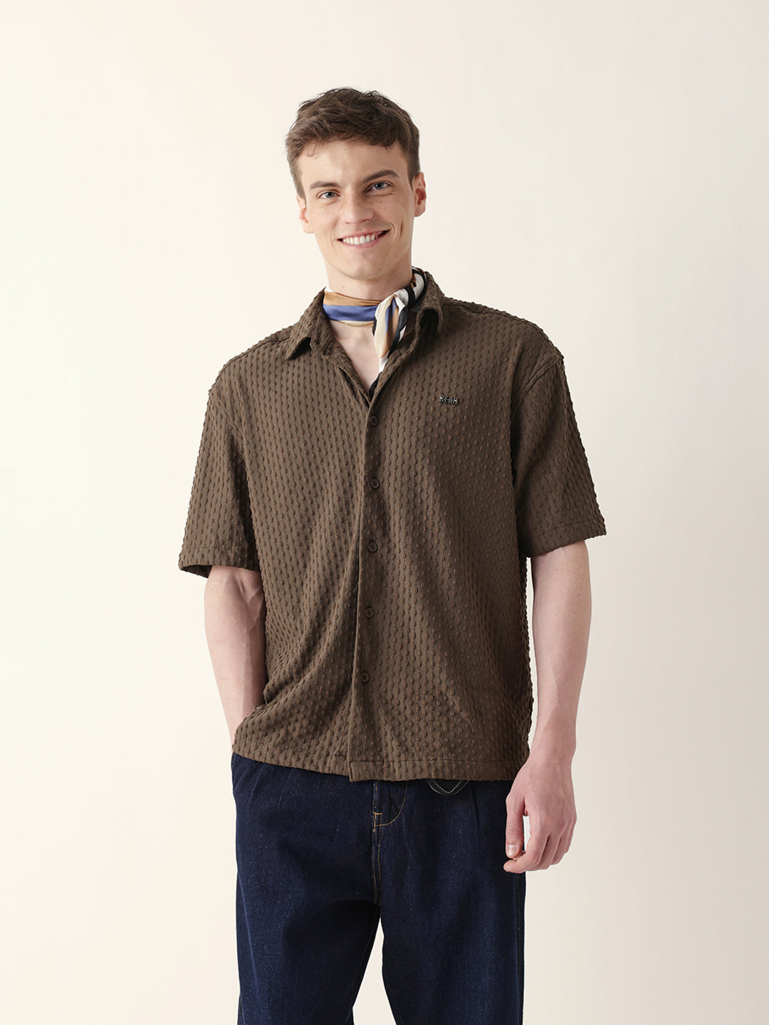 Brown Textured Woven Oversized Fit Half Sleeve Casual Shirt