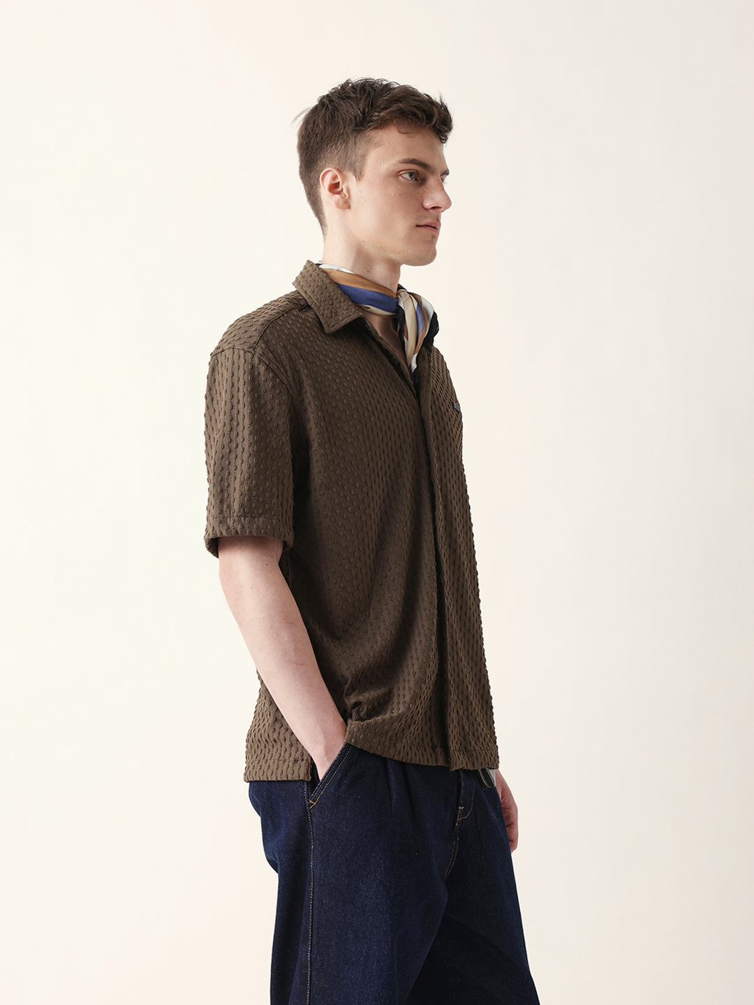Brown Textured Woven Oversized Fit Half Sleeve Casual Shirt