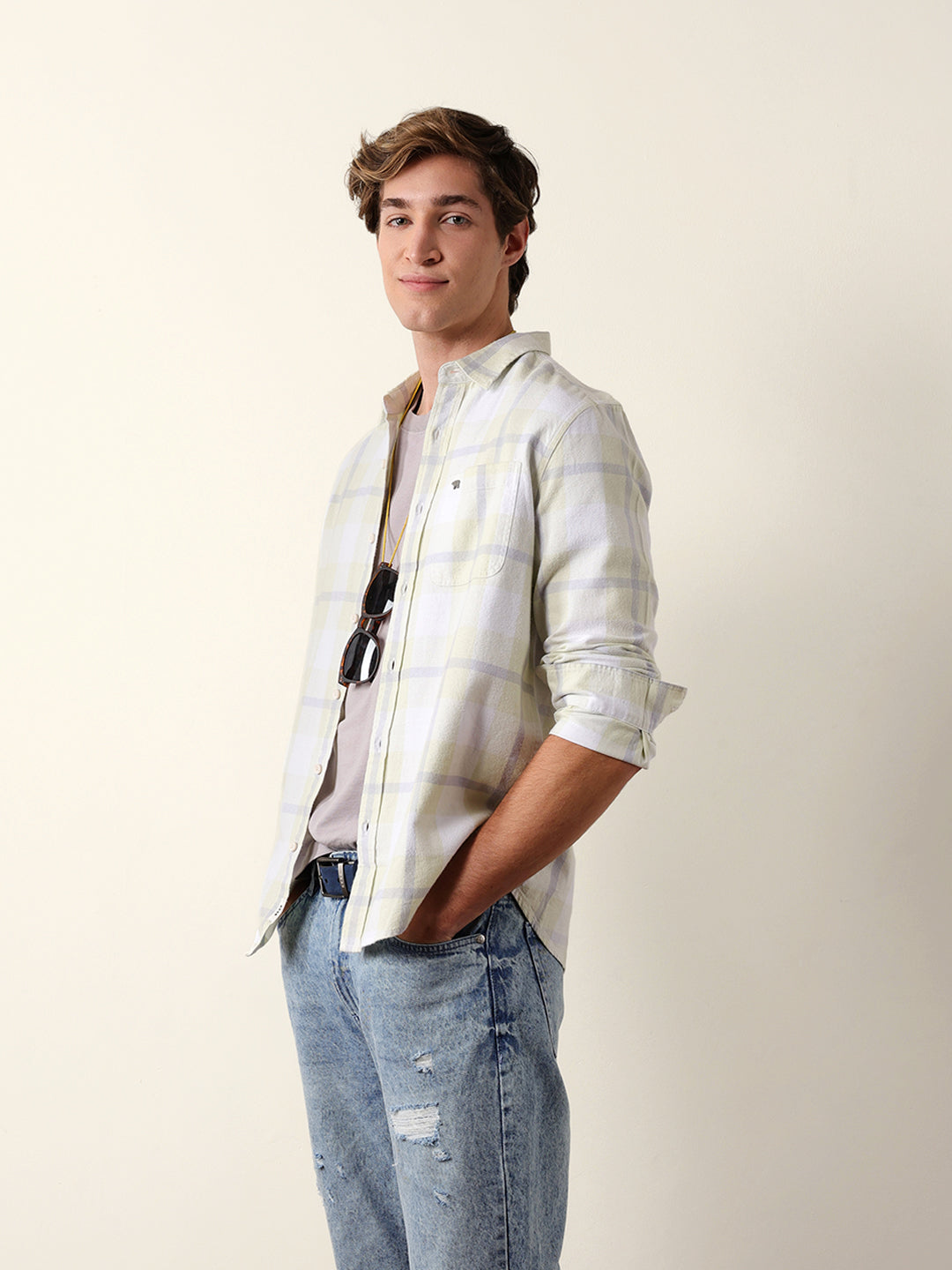 Light Green & Grey Checked Flannel Regular Fit Casual Shirt