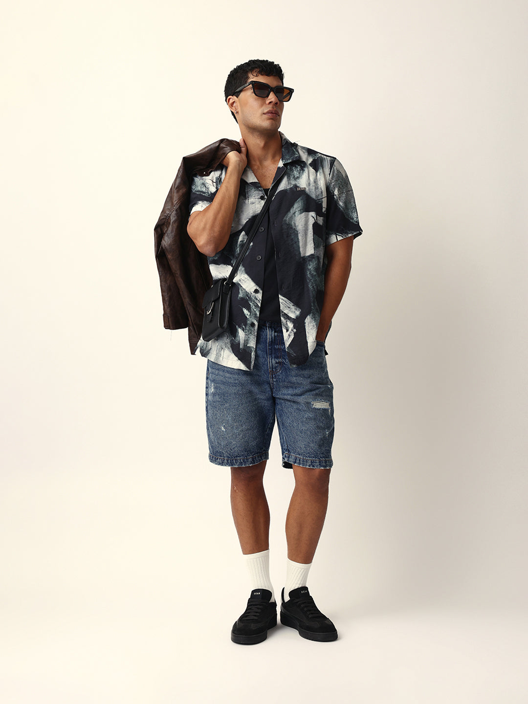 Black & Grey Relaxed Fit Abstract Brushstroke Print Half Sleeve Casual Shirt