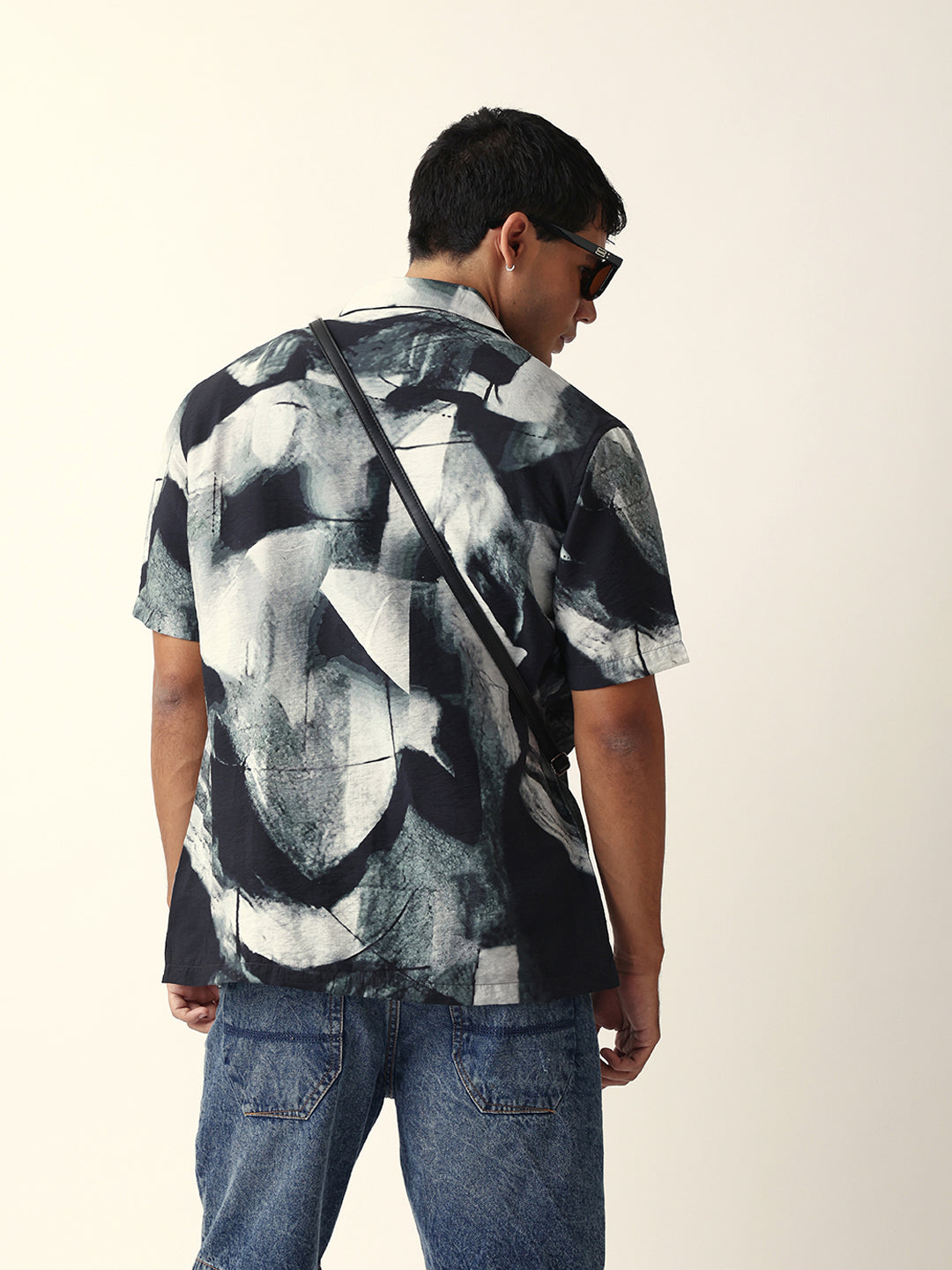 Black & Grey Relaxed Fit Abstract Brushstroke Print Half Sleeve Casual Shirt