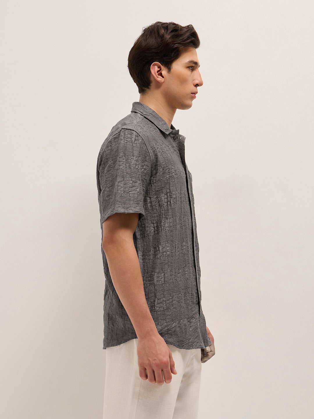 Grey Crinkle Textured Regular Fit Half-Sleeve Casual Shirt