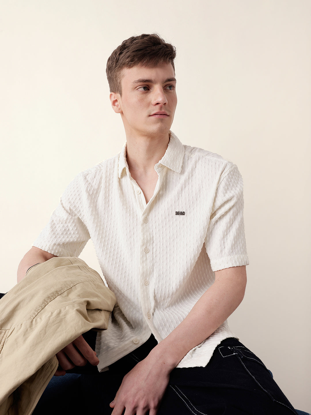 White Textured Woven Oversized Fit Half Sleeve Casual Shirt