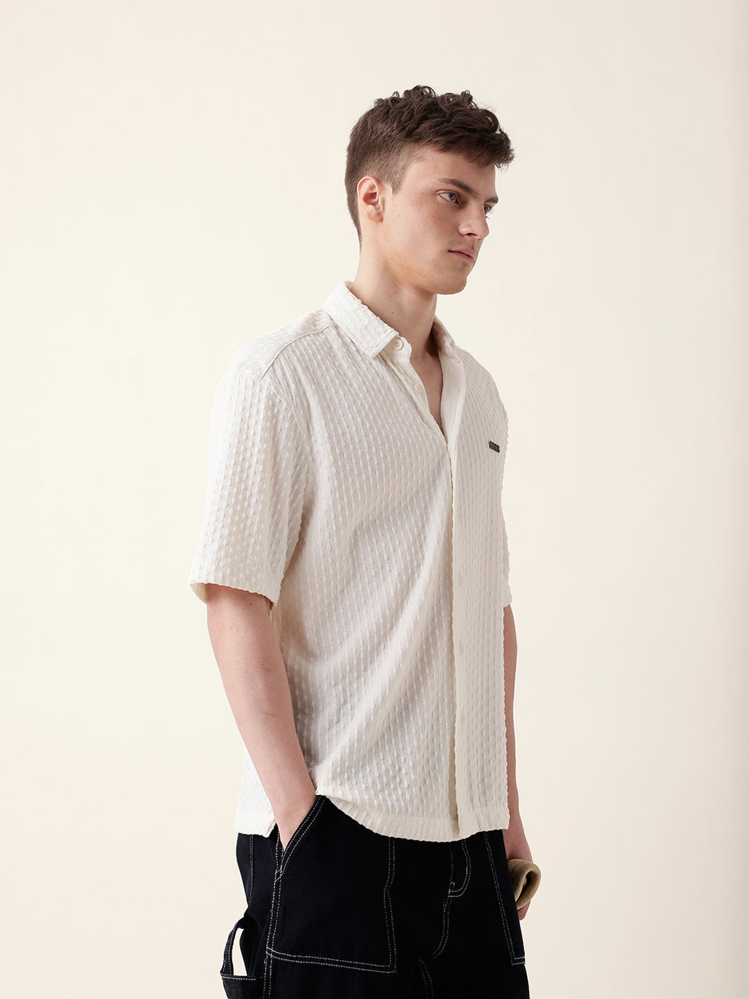 White Textured Woven Oversized Fit Half Sleeve Casual Shirt