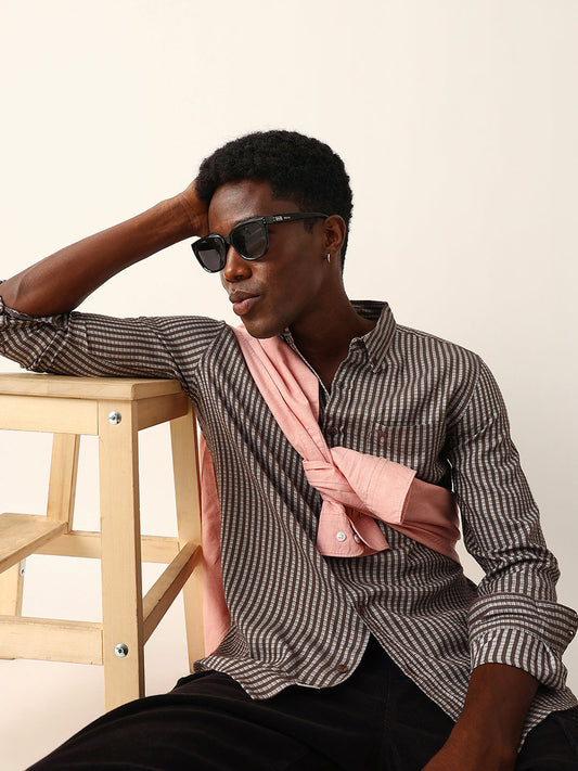 Brown & White Vertical Woven Striped Slim Fit Casual Shirt