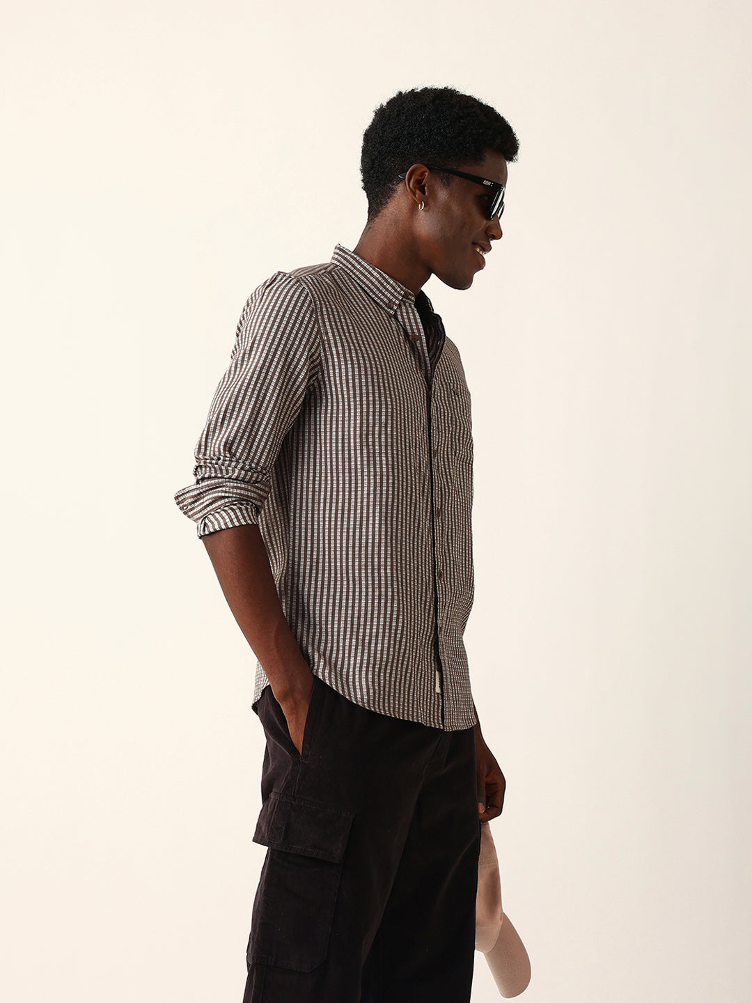 Brown & White Vertical Woven Striped Slim Fit Casual Shirt
