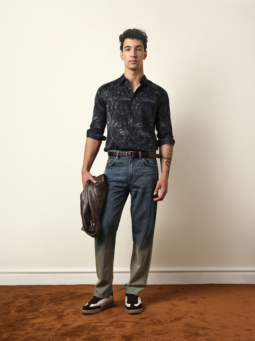 Black Slim Fit Casual Shirt with Abstract Tie-Dye Print