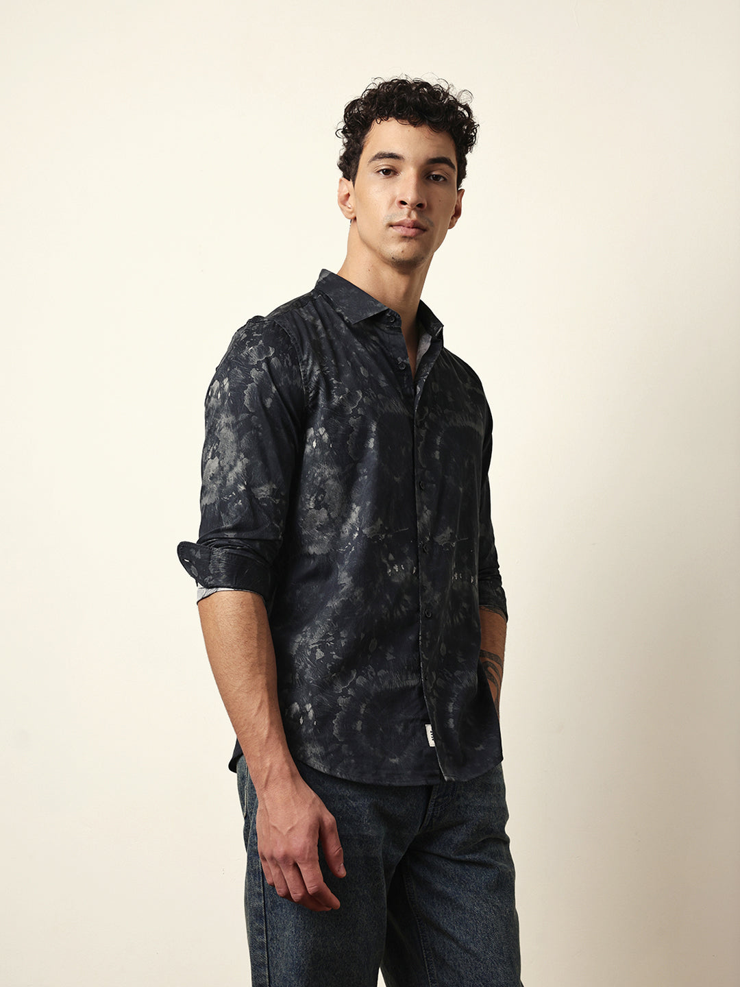 Black Slim Fit Casual Shirt with Abstract Tie-Dye Print