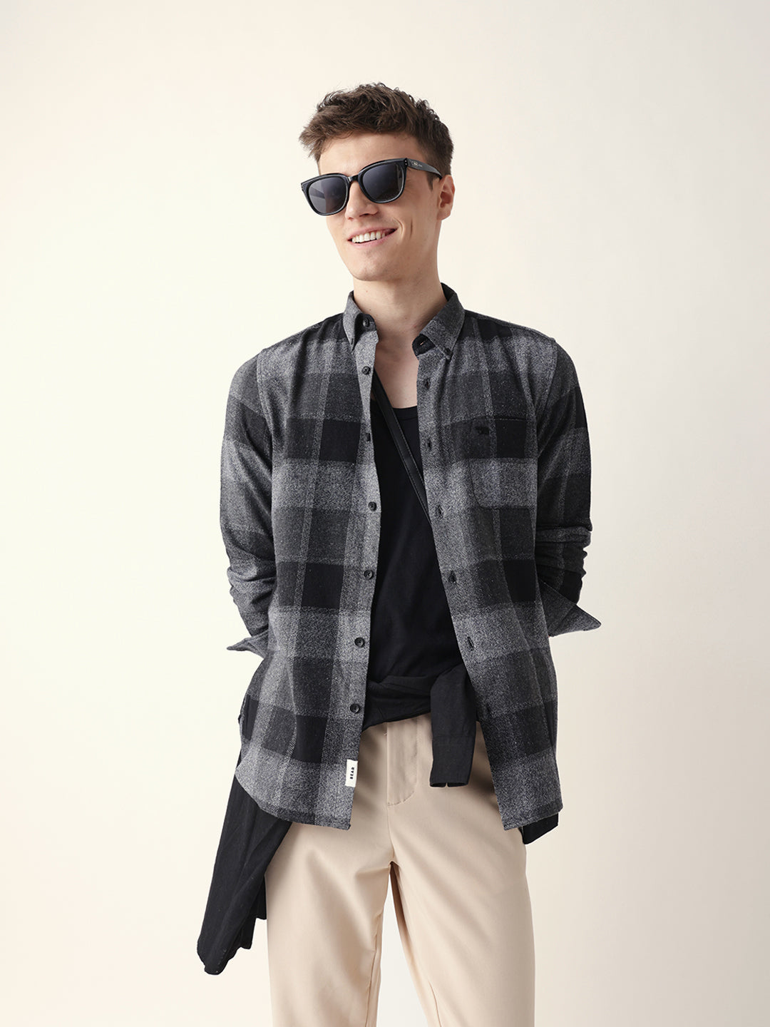 Black with Grey Woven Block Checks Slim Fit Casual Shirt