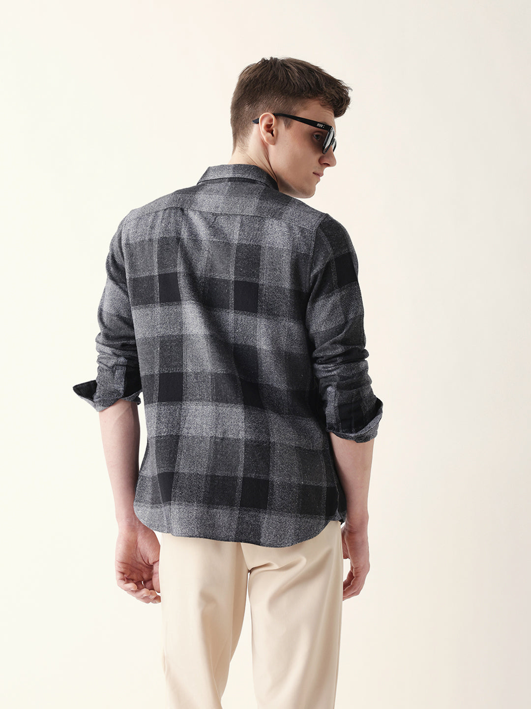 Black with Grey Woven Block Checks Slim Fit Casual Shirt