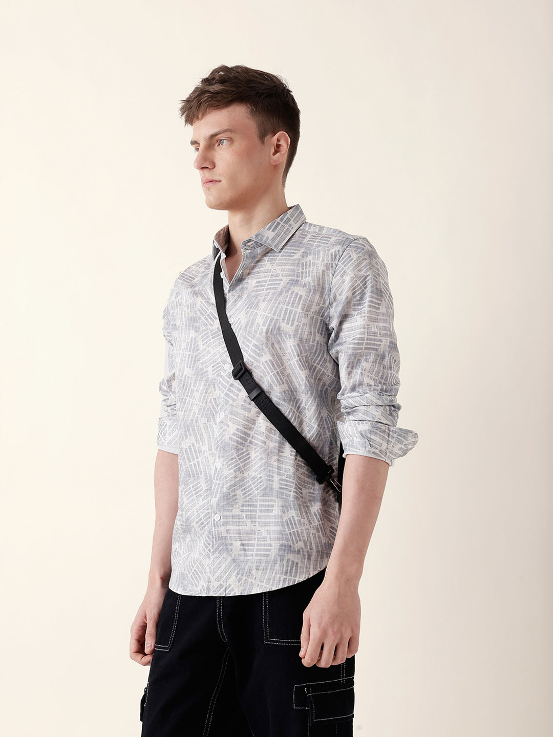 Grey Abstract Geometric Printed Slim Fit Casual Shirt