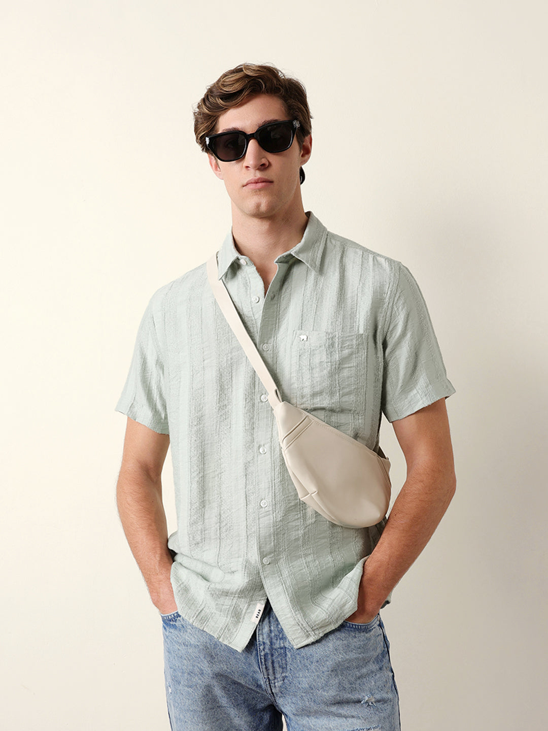 Green Vertical Stripe Dobby Woven Regular Fit Casual Shirt