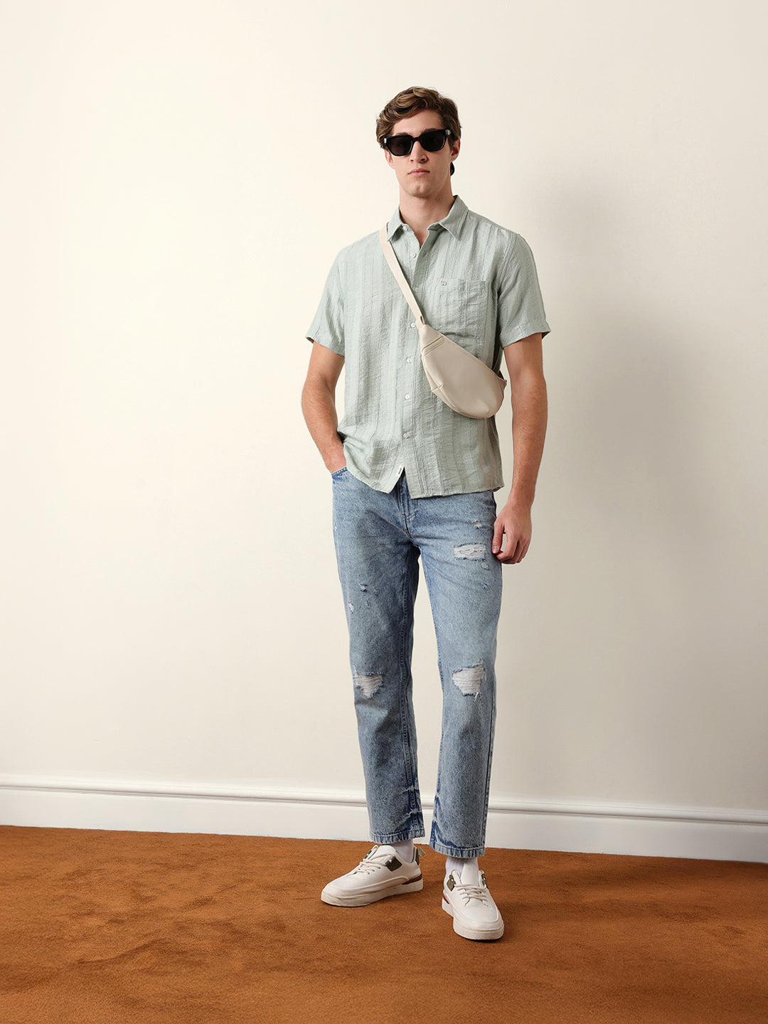 Green Vertical Stripe Dobby Woven Regular Fit Casual Shirt