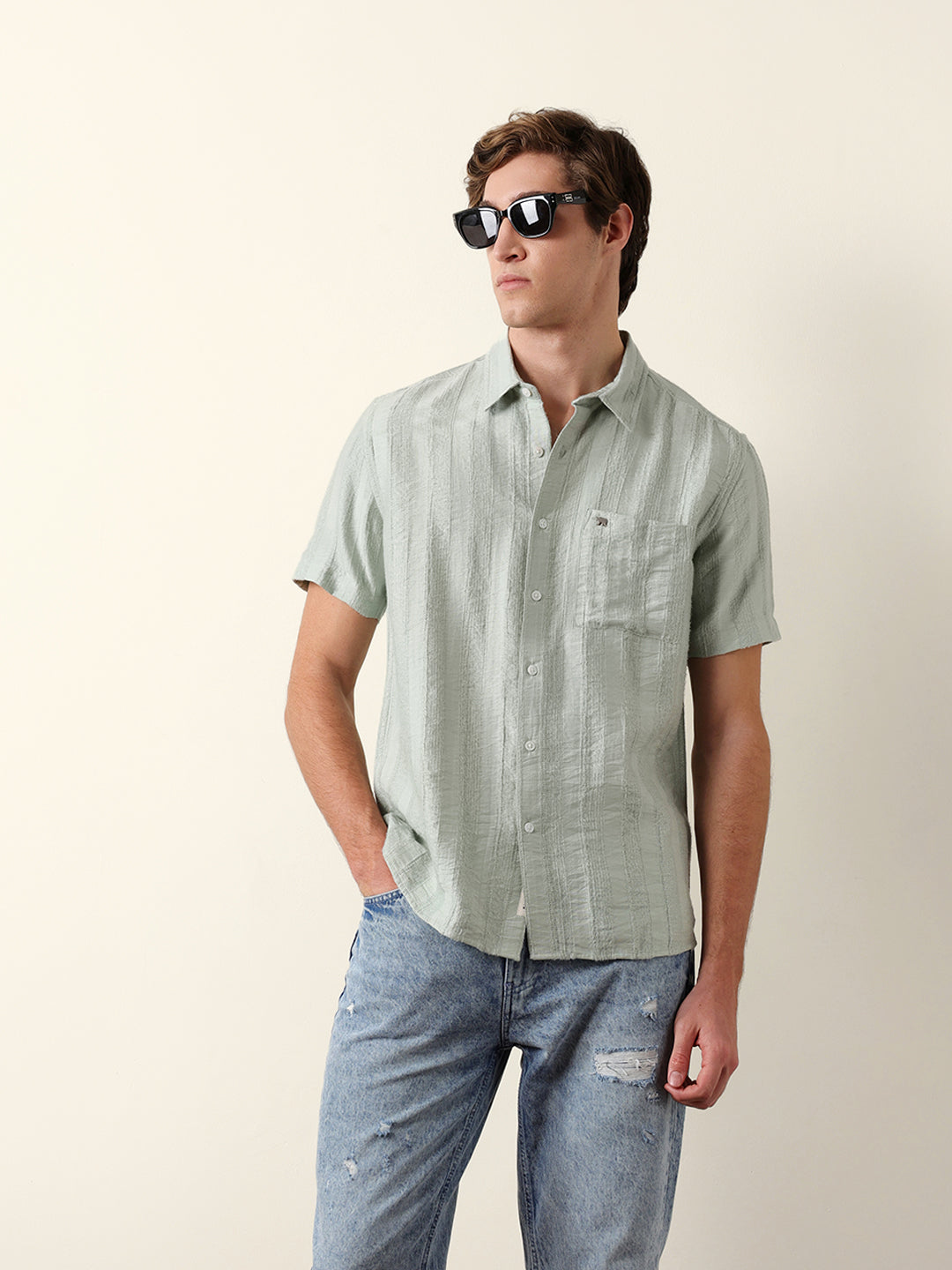 Green Vertical Stripe Dobby Woven Regular Fit Casual Shirt