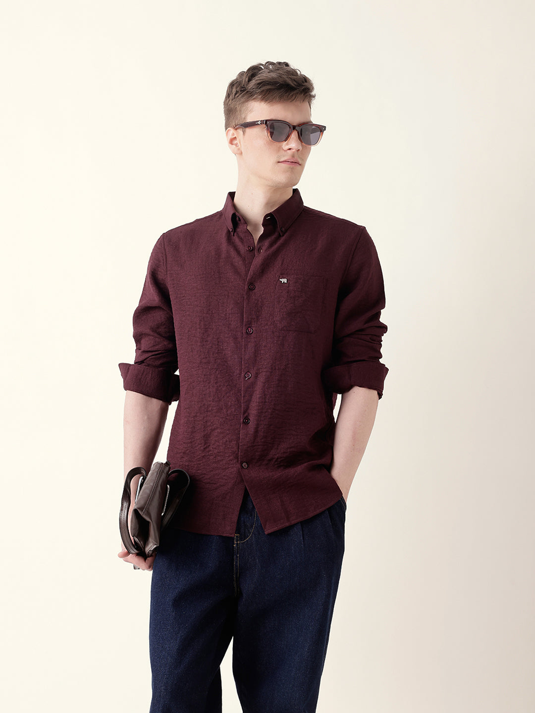 Maroon Slim Fit Casual Shirt with Woven Textured Design