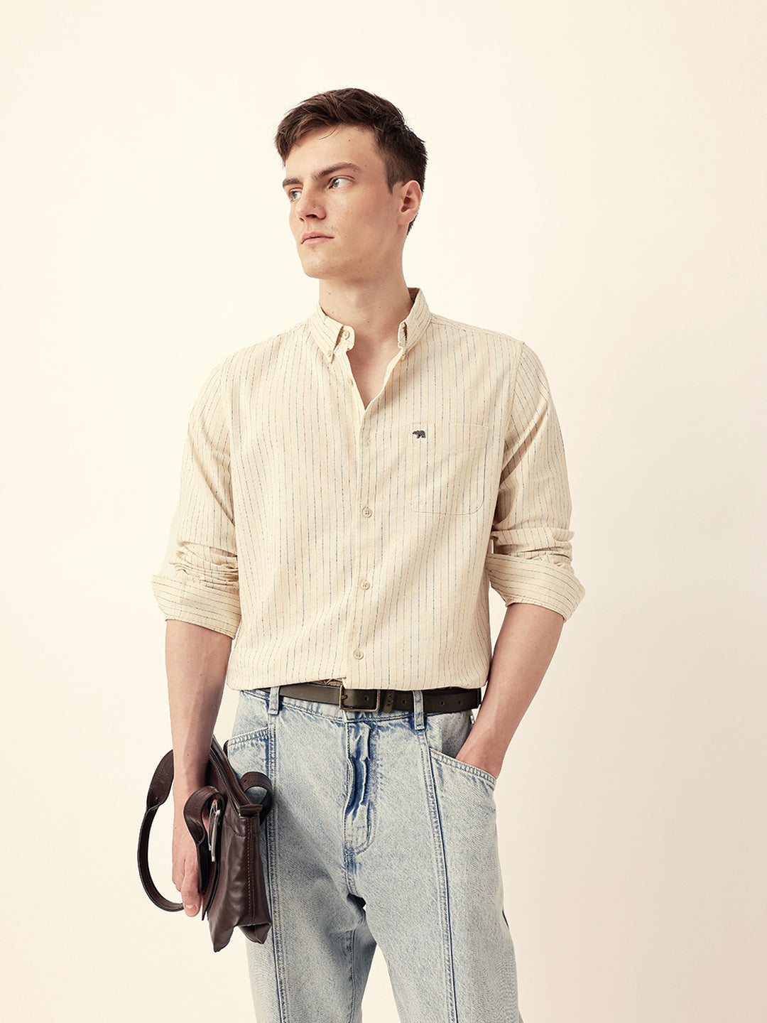 Cream Multi-Color Vertical Pinstripe Slim Fit Casual Shirt