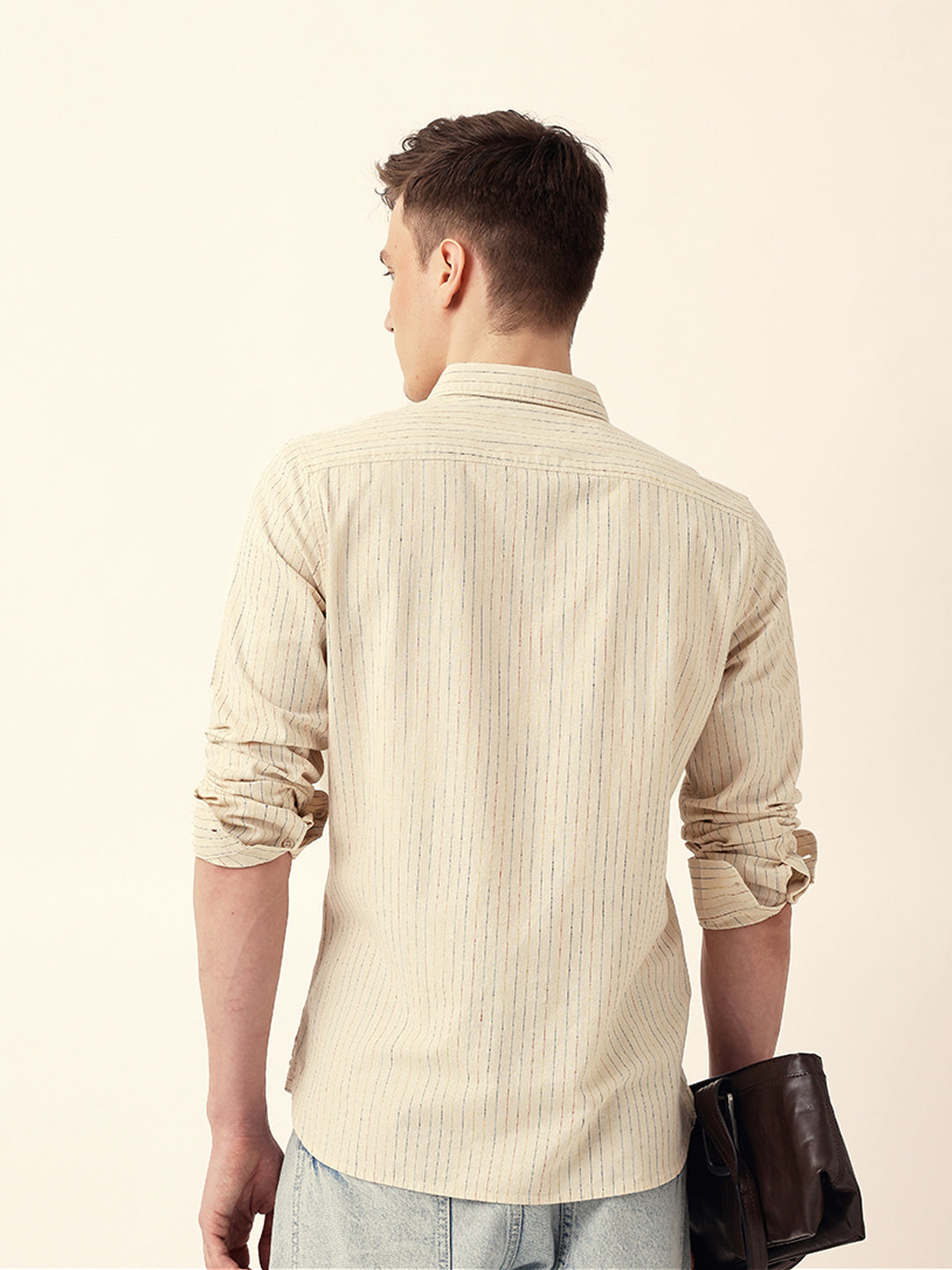 Cream Multi-Color Vertical Pinstripe Slim Fit Casual Shirt