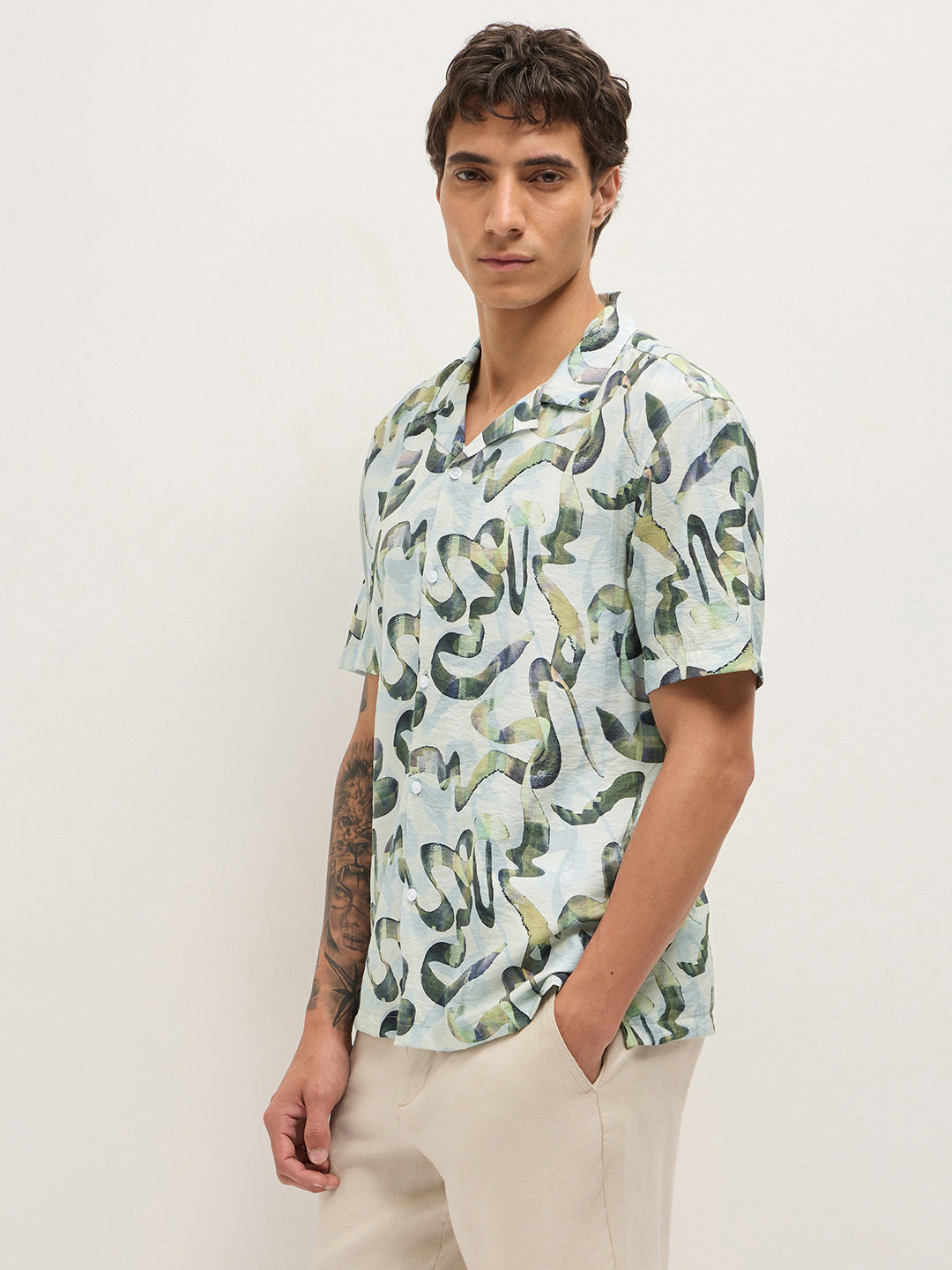 Multicolor Abstract Scribble Print Relaxed Fit Cuban Collar Casual Shirt