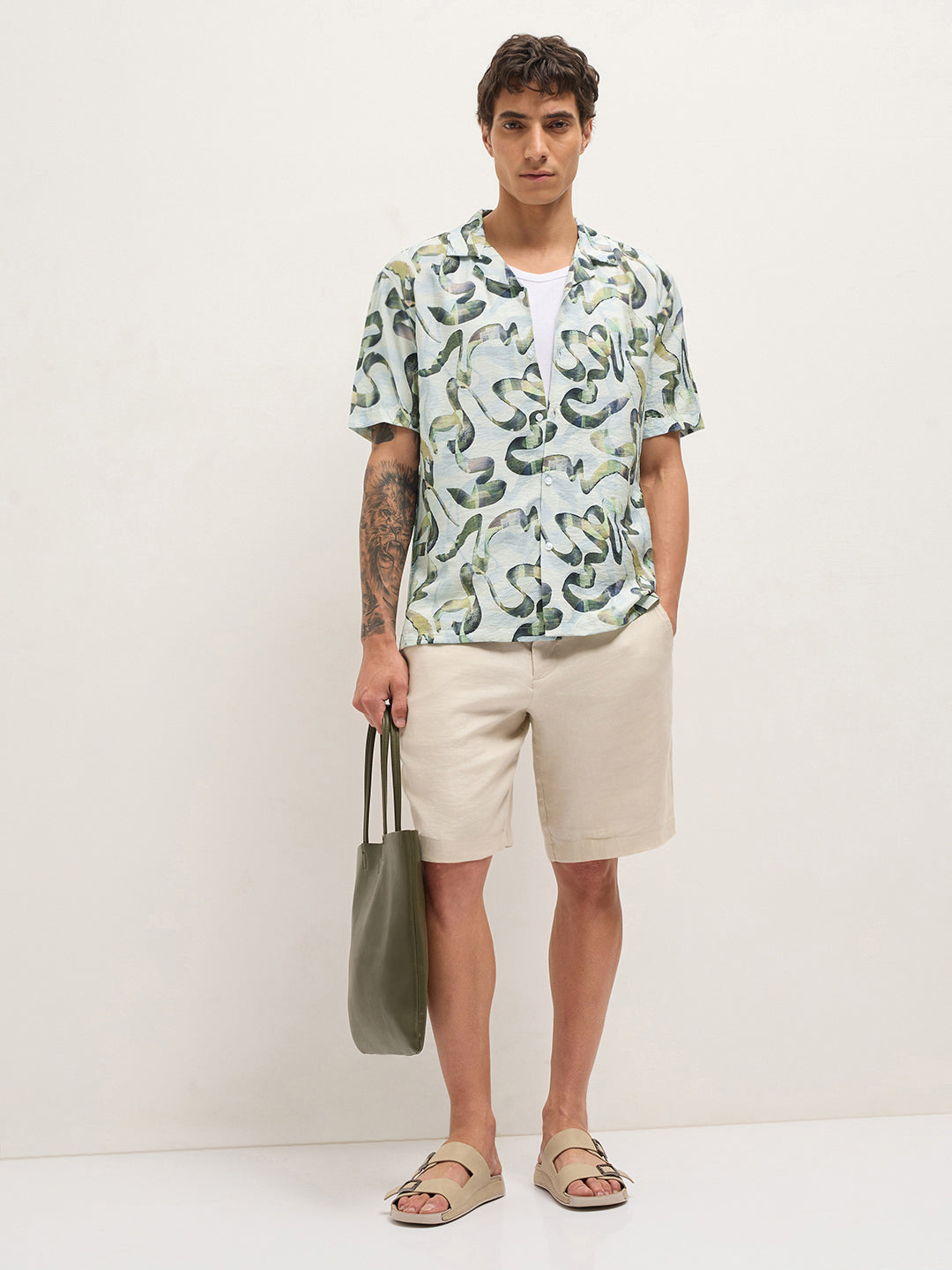 Multicolor Abstract Scribble Print Relaxed Fit Cuban Collar Casual Shirt